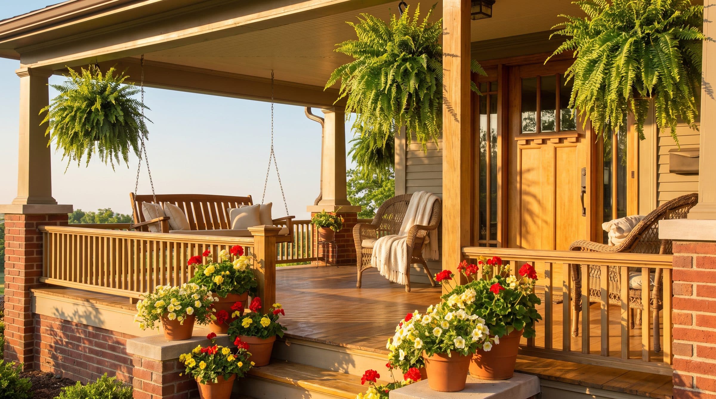 A warm front porch with a swing and potted flowers in morning sun