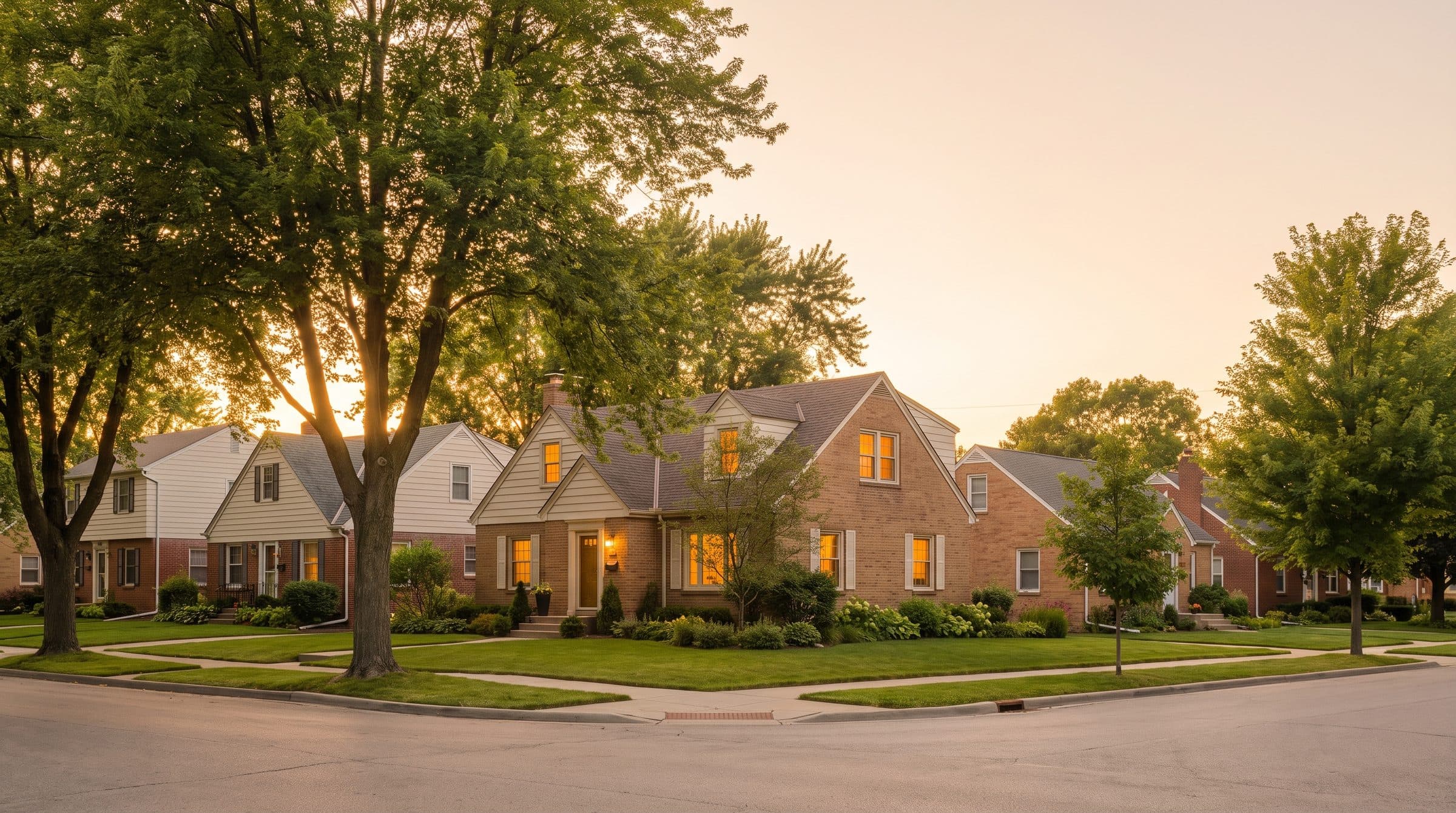 A peaceful street corner at golden hour with warmly lit windows