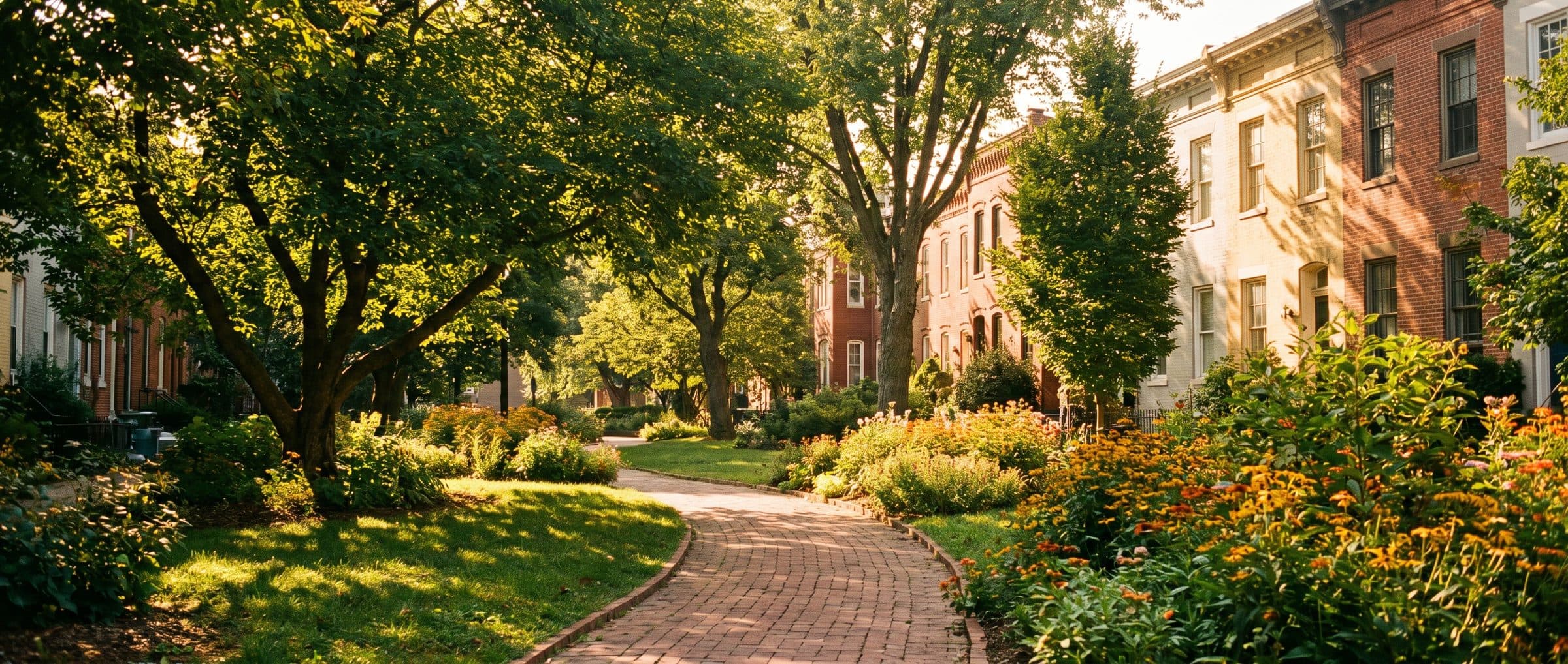 A brick path curving through a sunny neighborhood pocket park