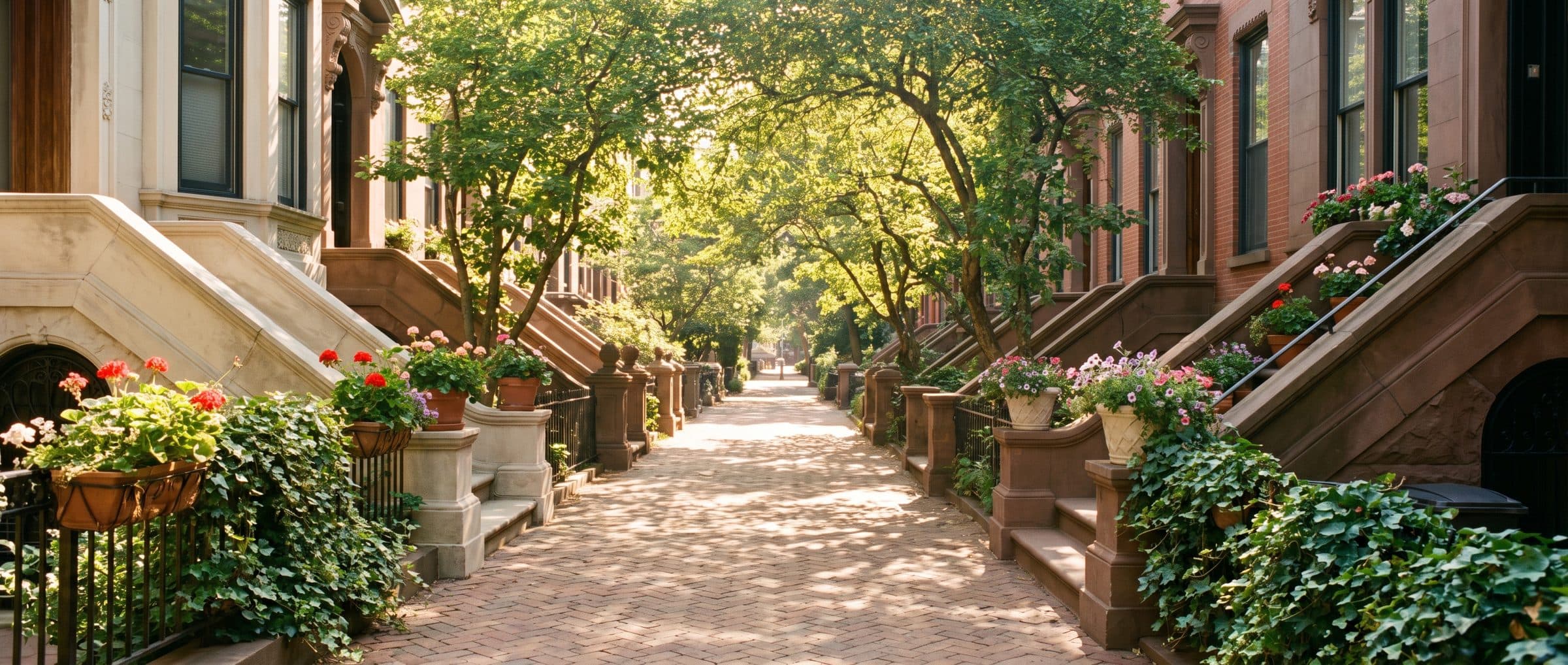 A sunlit tree-lined sidewalk of brownstone stoops with potted flowers