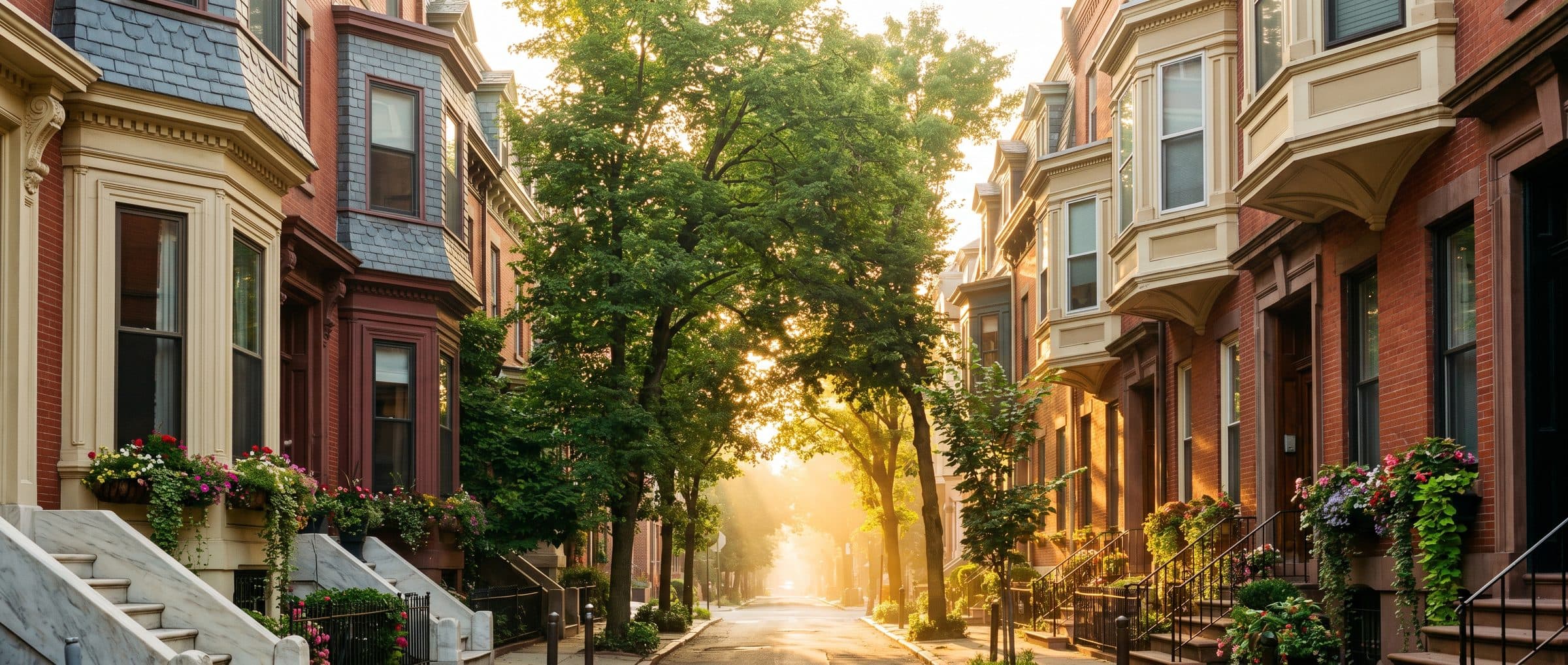 A golden-hour street of brownstones with flower boxes and marble stoops