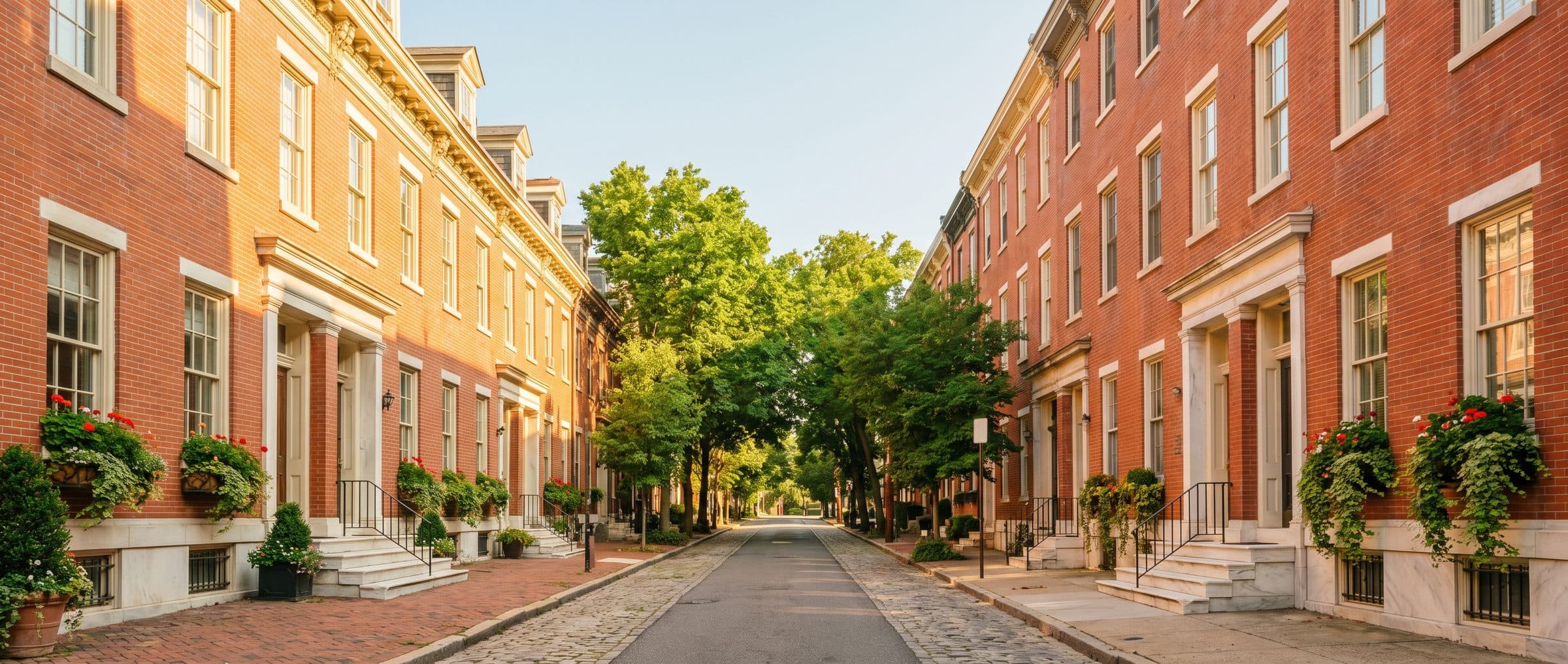 A sunny street of brick rowhouses with flower boxes