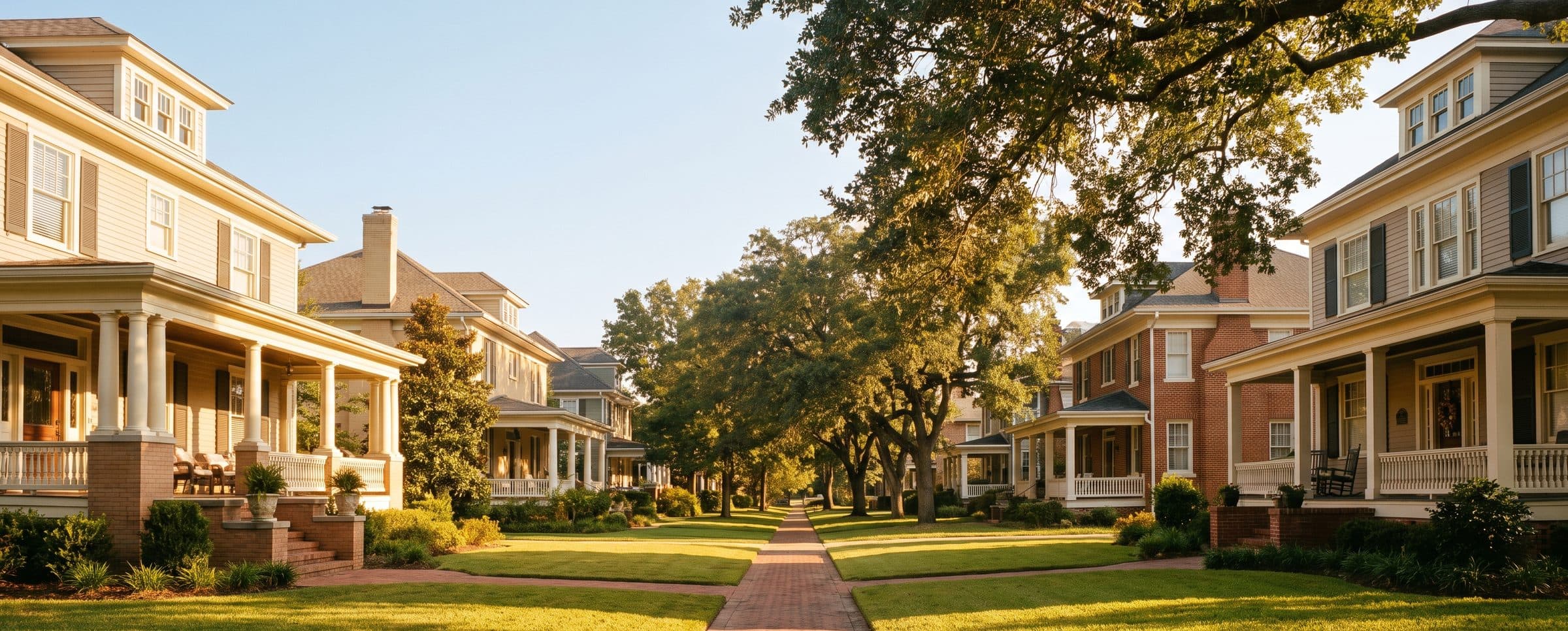 A sunny porch-lined residential street with green lawns