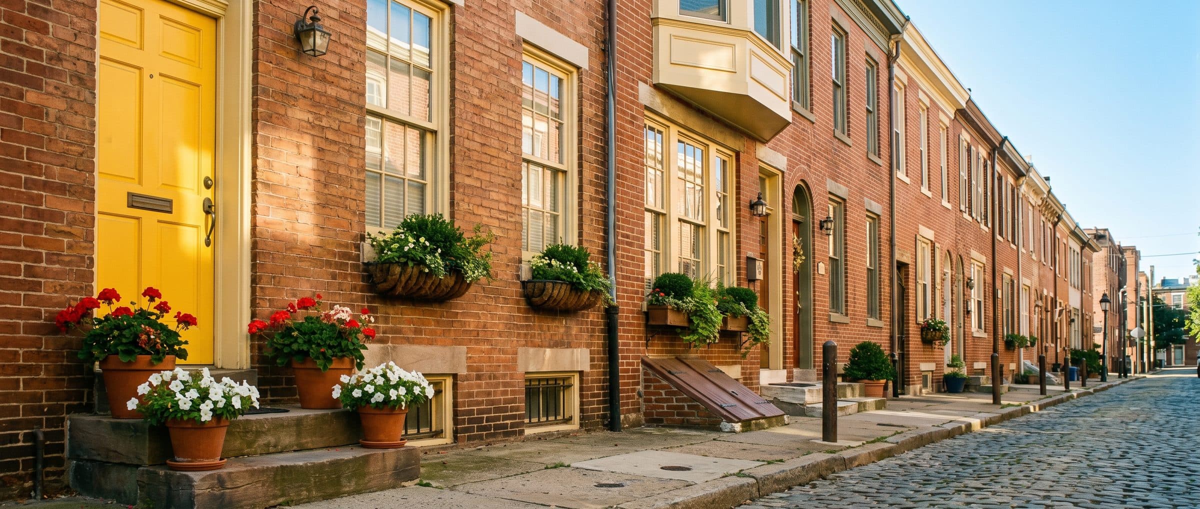 A cheerful yellow front door with potted flowers on a sunny brick street